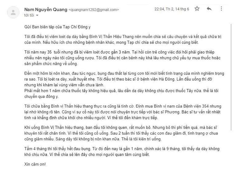 Email của bệnh nhân Quang Nam sau khi chữa khỏi viêm loét dạ dày bằng Bình Vị Thần Hiệu Thang