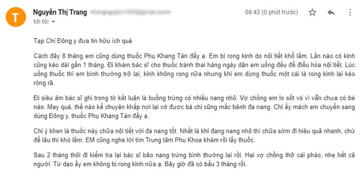 Email của chị Trang gửi về cho tạp chí
