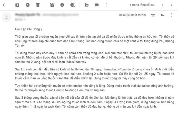 Email gửi từ chị Nguyễn Thị Phượng – Bệnh nhân rong kinh đã điều trị bằng Phụ Khang Tán