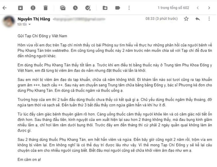 Email của chị Nguyễn Thị Hằng, bệnh nhân viêm âm đạo đã điều trị khỏi bằng Phụ Khang tán