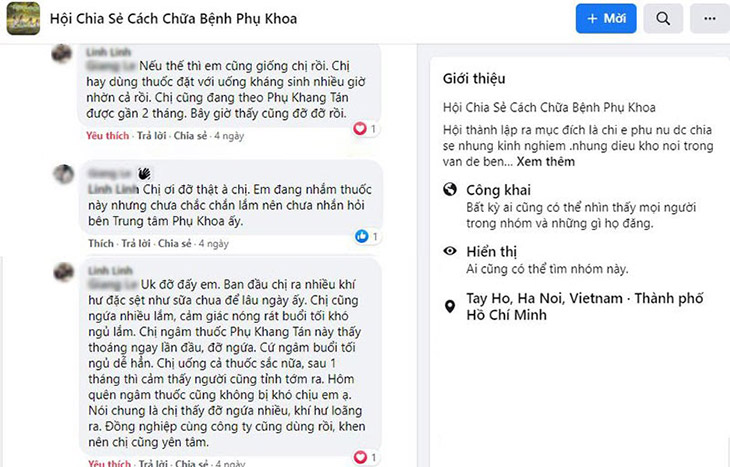 Phản hồi của bệnh nhân viêm âm đạo trên hội nhóm facebook về Phụ Khang Tán